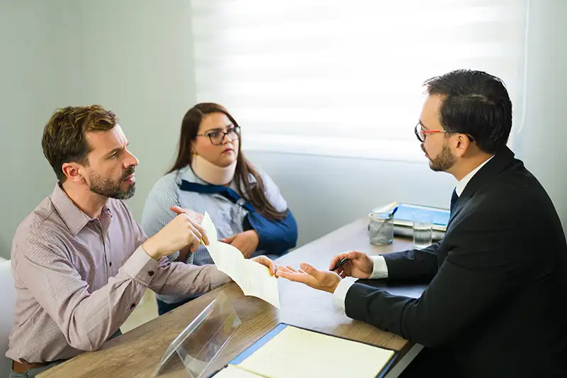woman in a neck brace and her partner arguing with insurance adjuster