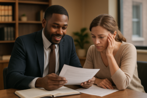 Atlanta car accident lawyer discussing case fees during free consultation with client