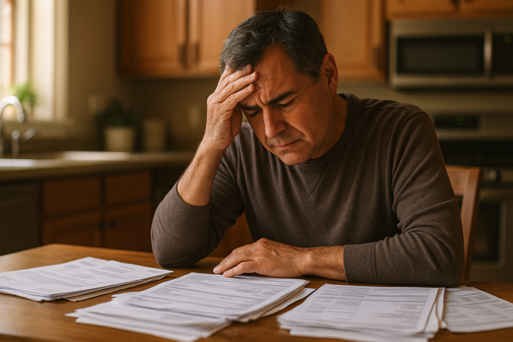 Person overwhelmed by medical bills unpaid by insurance after car accident