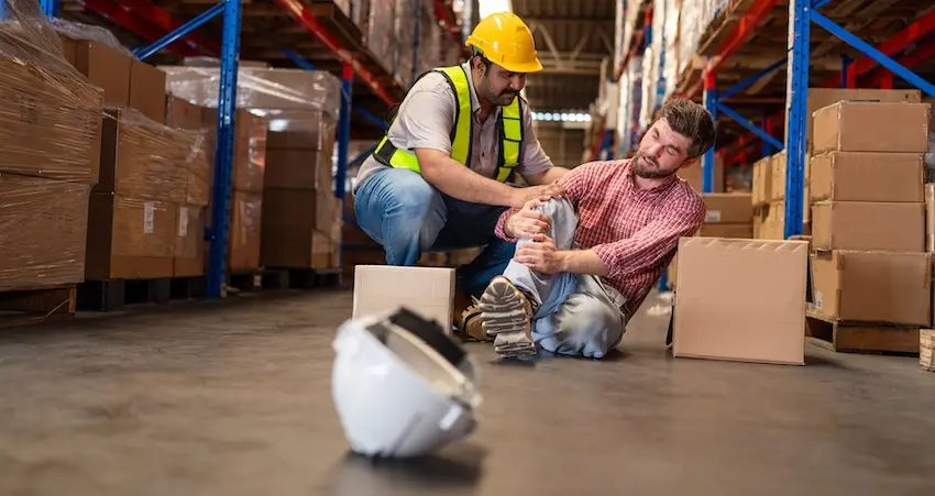 The first settlement offer consequences are shown as an Atlanta GA workplace injury victim receives assistance from a coworker after a warehouse accident where his knee is injured.
