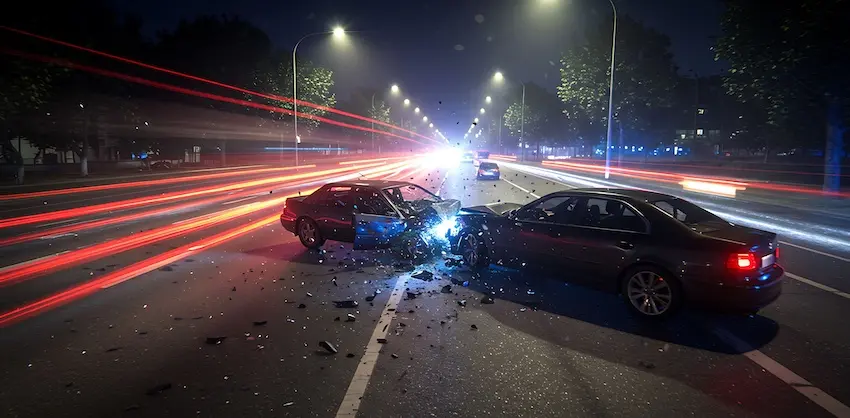 A nighttime collision scene on the highway is in need of immediate car accident claim filing and legal representation from Hodgins & Kiber LLC in the Metro Atlanta area.