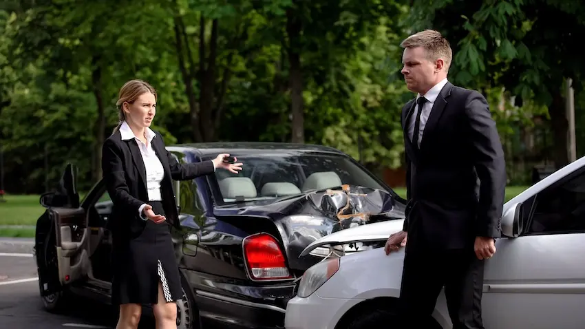 A woman gestures accusingly toward a man in a suit beside two vehicles that have collided on a road lined with trees depicting the type of disputed at-scene exchange that makes obtaining a police report critical to an injury claim in Atlanta.