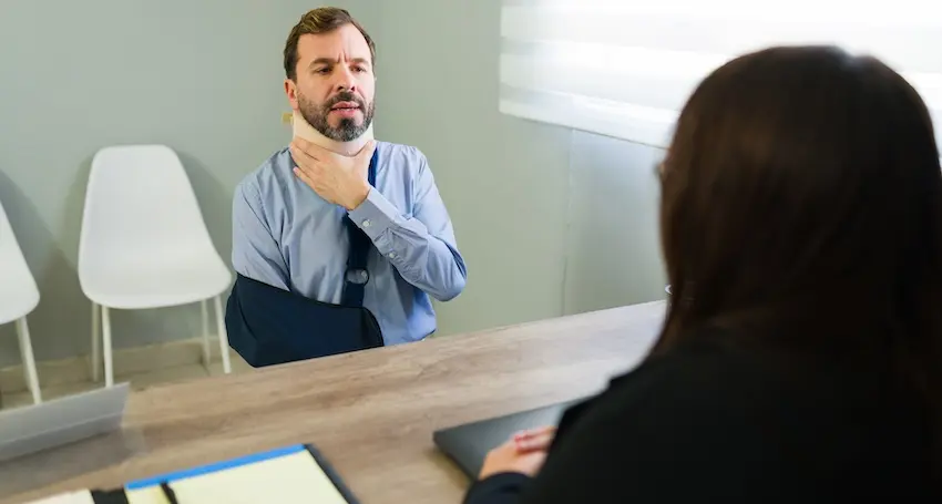 A man wearing a neck brace and arm sling touches his injured neck while meeting with a female attorney from Hodgins and Kiber LLC across a desk depicting the legal consultation process after being rear-ended in a collision that left him with multiple serious injuries in Metro Atlanta.