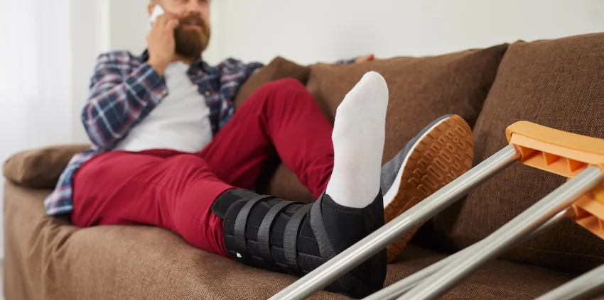 A bearded man with a leg brace and crutches rests on a couch while talking on the phone- depicting an accident victim following up on his injury claim after receiving a lowball offer from an insurance adjuster in Metro Atlanta.