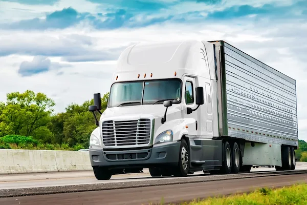 A large semi-truck drives on the road.