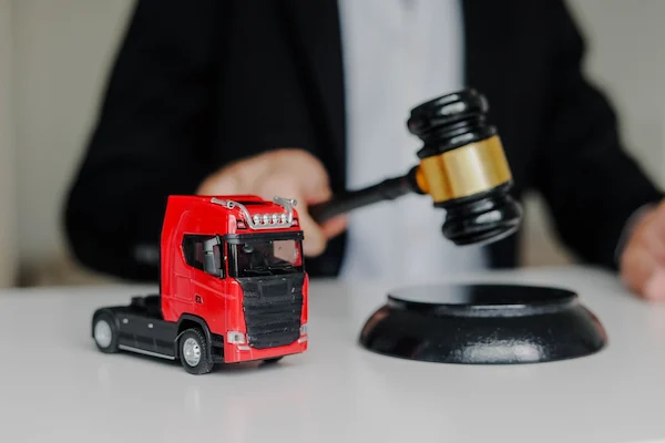 An Atlanta truck accident lawyer holds a gavel near a toy truck.