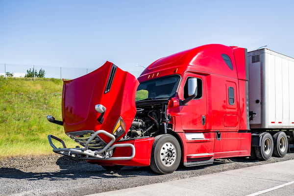 Broken big rig truck after a truck accident